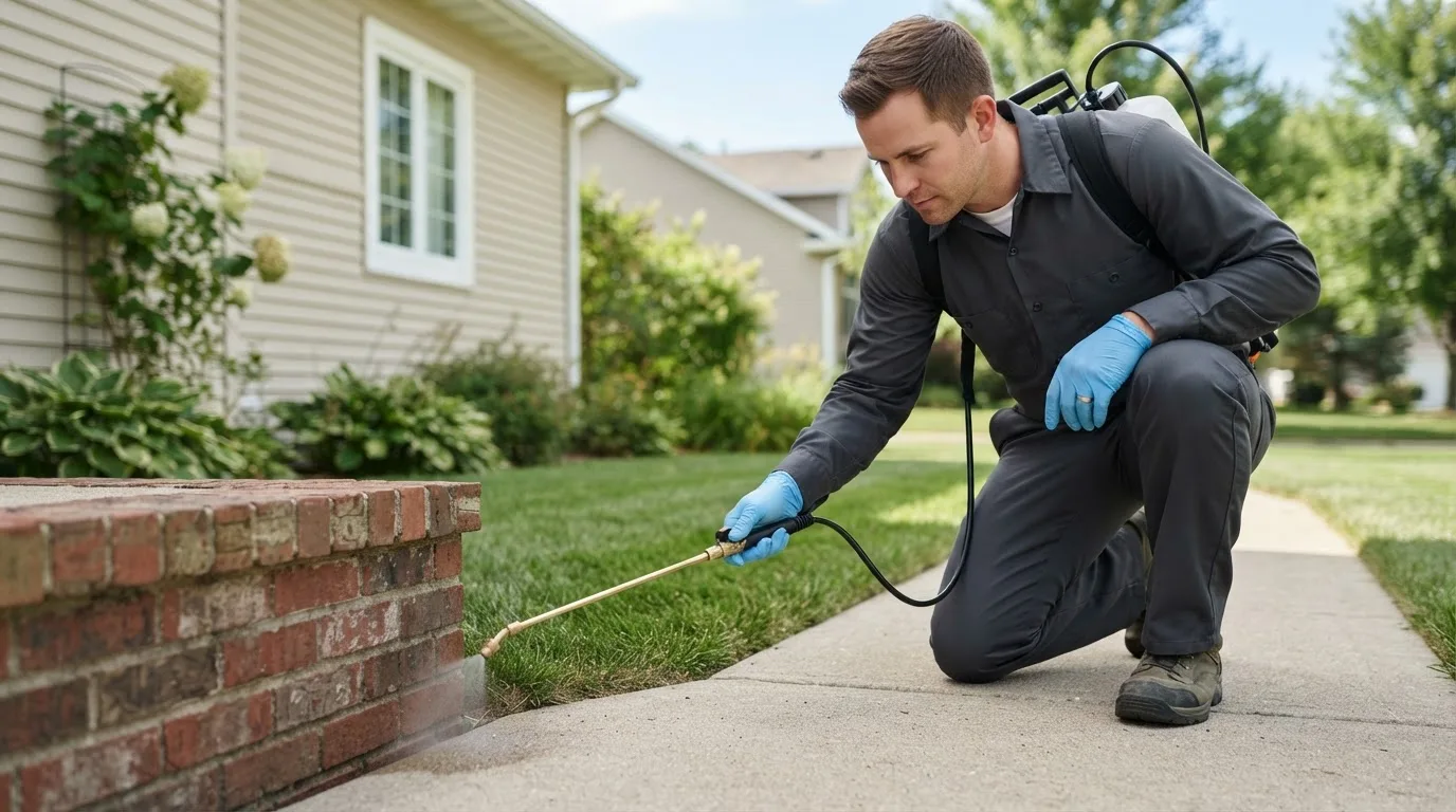 Pest control technician treating a home near Amherst, MA