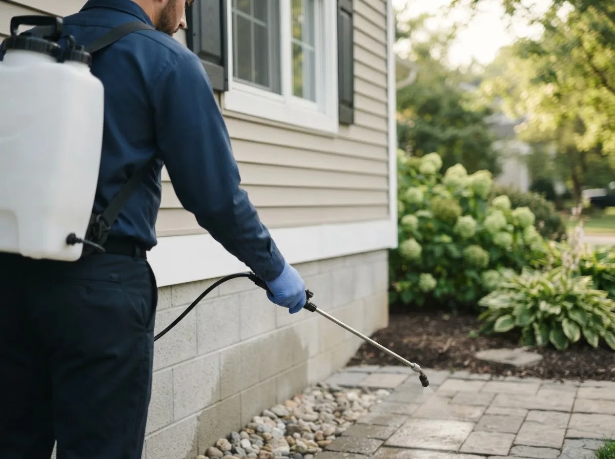 Pest control technician inspecting a home in Amherst, MA